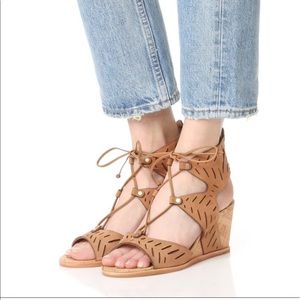 Leather cork lace up Sandals with a wedge heel